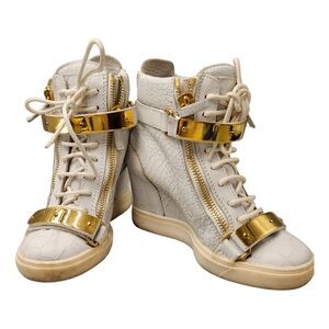 Giuseppe Zanotti White and Gold High-Top Wedge Sneakers